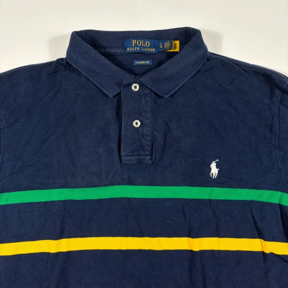 Polo Ralph Lauren Polo Shirt Mens Large Classic Fit Striped Navy Blue